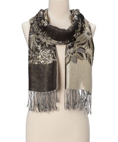 Black & Gray Floral Fringe Cashmere-Silk Blend Scarf