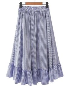 Blue Vertical Striped Elastic Waist Frill Hem Skirt
