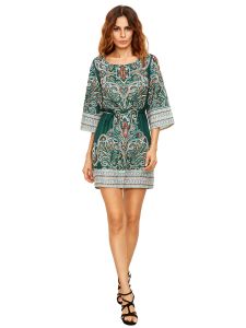 Green Tribal Print Self Tie Dress