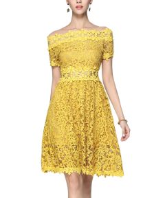 Yellow Lace Sheer-Waist Off-Shoulder Dress