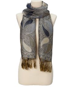 Gray Paisley Metallic Fringe Pashmina-Silk Blend Scarf