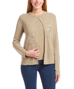 Khaki Floral Single-Button Wool-Blend Cardigan & Tank Set