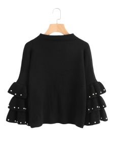 Black Pearl Beading Layered Bell Sleeve Jumper