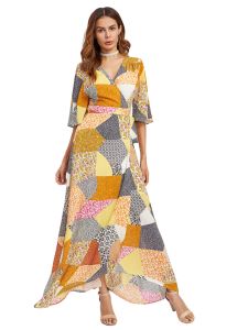 Patchwork Print Surplice Wrap Dress