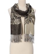 Black & Gray Floral Fringe Cashmere-Silk Blend Scarf