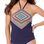 Navy & Blue Geometric Halter Tankini Top