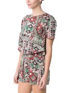 Coral Geometric Open-Back Romper