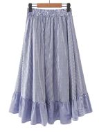 Blue Vertical Striped Elastic Waist Frill Hem Skirt