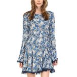 Blue Floral Bell-Sleeve A-Line Dress