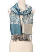 Aqua & Gray Floral Fringe Cashmere-Silk Blend Scarf