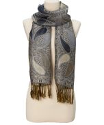 Gray Paisley Metallic Fringe Pashmina-Silk Blend Scarf