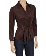 Brown Faux Suede Knot-Front Button-Up Top