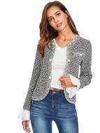Grey Contrast Ruffle Cuff Curved Tweed Blazer