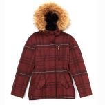 Dark Red Plaid Faux Fur Hooded Coat 