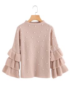 Pink Pearl Beaded Layered Ruffle Sleeve Shirt