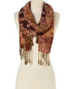 Burgundy & Beige Floral Fringe Silk-Blend Scarf