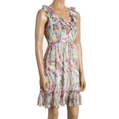 White & Pink Floral Ruffle Sleeveless Dress