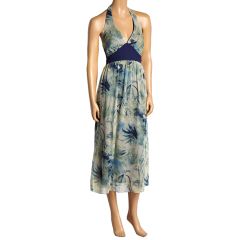 Navy Blue & Green Botanical Silk Halter Dress