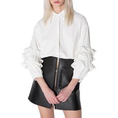 White 3/4 Sleeve Frill Ruffle Button-Down Blouse
