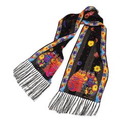 Black Flowering Feline & Friend Fringe Silk Scarf