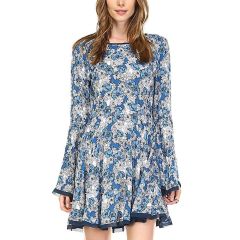 Blue Floral Bell-Sleeve A-Line Dress