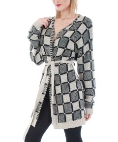 Black & Khaki Geometric Tie-Waist Cardigan