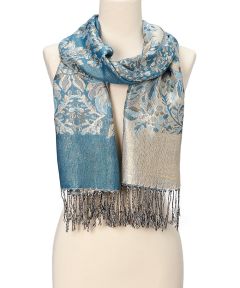 Aqua & Gray Floral Fringe Cashmere-Silk Blend Scarf