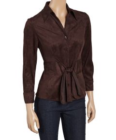 Brown Faux Suede Knot-Front Button-Up Top