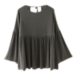 Khaki V-Cut Back Fluted Sleeve Babydoll Blouse