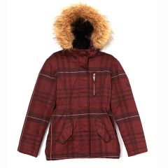 Dark Red Plaid Faux Fur Hooded Coat 