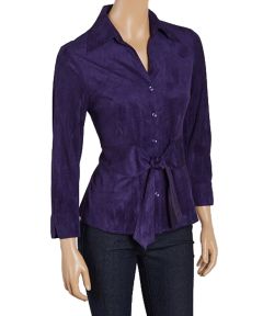 Purple Faux Suede Knot-Front Button-Up Top