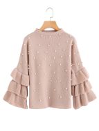 Pink Pearl Beaded Layered Ruffle Sleeve Shirt